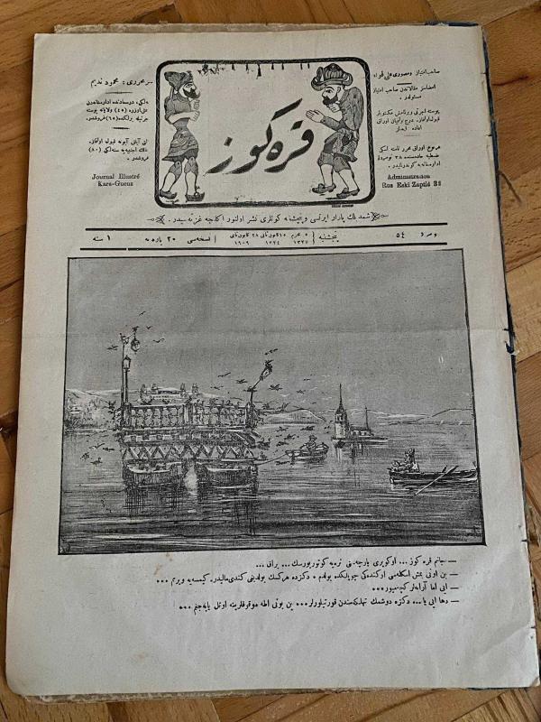 KARAGÖZ OSMANLICA NO.54 MİZAHİ HALK GAZETESİ 1908 | Sene 1 | Kız Kulesi yanında çift katlı sandallar