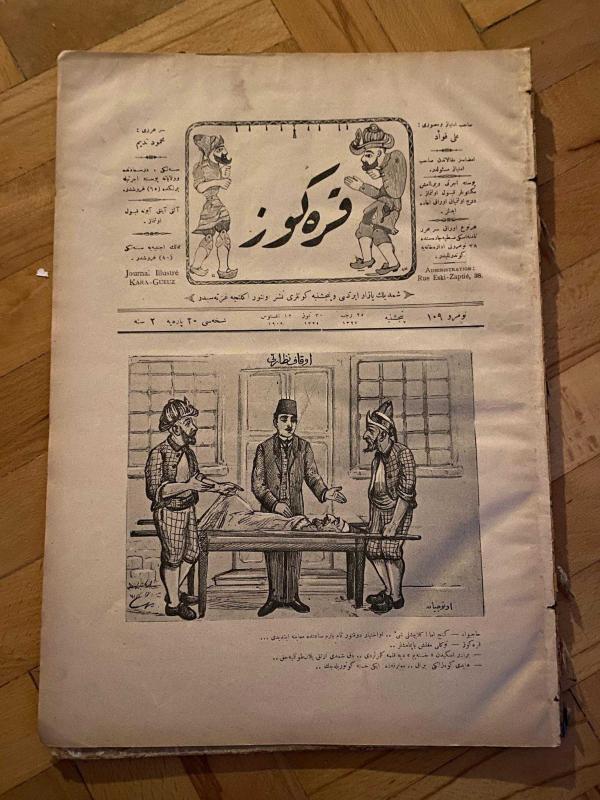 KARAGÖZ OSMANLICA NO.109 MİZAHİ HALK GAZETESİ 1909 | Sene 2 | Karagöz ve Hacivat Hasta Taşıyor