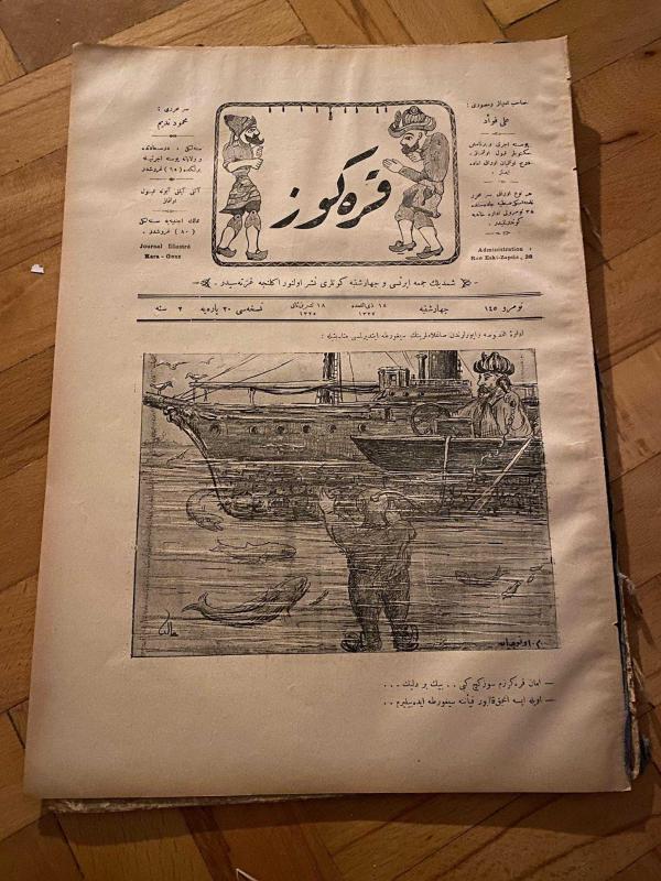 KARAGÖZ OSMANLICA NO.145 MİZAHİ HALK GAZETESİ 1909 | Sene 2 | Karagöz Dalgıçlarla Telsizle Konuşuyor