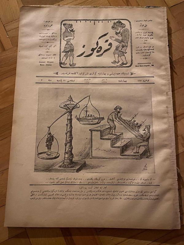 KARAGÖZ OSMANLICA NO.167 MİZAHİ HALK GAZETESİ 1909 | Sene 2 | Türk Askeri Kaç Gemiye Bedel Tartılıyor