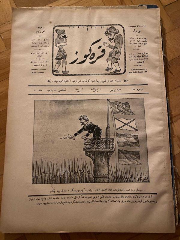KARAGÖZ OSMANLICA NO.178 MİZAHİ HALK GAZETESİ 1909 | Sene 2 | Karagöz Türk Bayrağı, Aşağıdaki Askelere Mendil Sallıyor