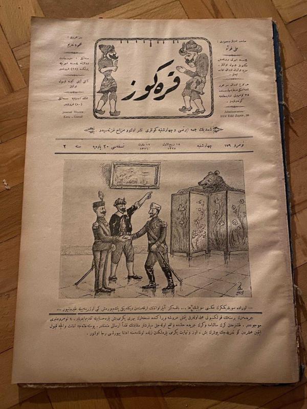 KARAGÖZ OSMANLICA NO.179 MİZAHİ HALK GAZETESİ 1909 | Sene 2 | Barış Görüşmelerinde Ayı Sovyetler Sinirli