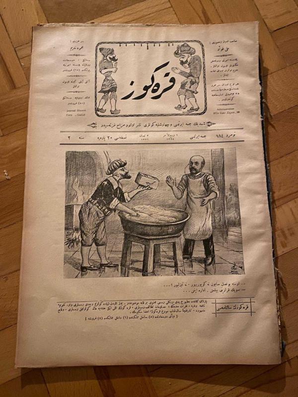 KARAGÖZ OSMANLICA NO.184 MİZAHİ HALK GAZETESİ 1909 | Sene 2 | Karagöz Mutfakta stok sorunu