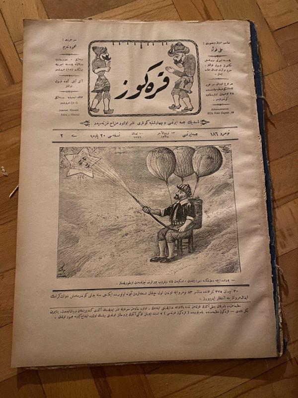 KARAGÖZ OSMANLICA NO.186 MİZAHİ HALK GAZETESİ 1909 | Sene 2 | Karagöz'ün Zihni Sinir Projesi, Balonla Halley'i Söndürmeye Gitmek