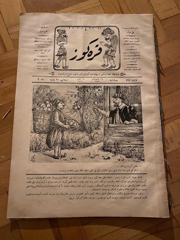 KARAGÖZ OSMANLICA NO.197 MİZAHİ HALK GAZETESİ 1909 | Sene 2 | Karagöz Elma Bahçelerinde Hammala Kızıyor