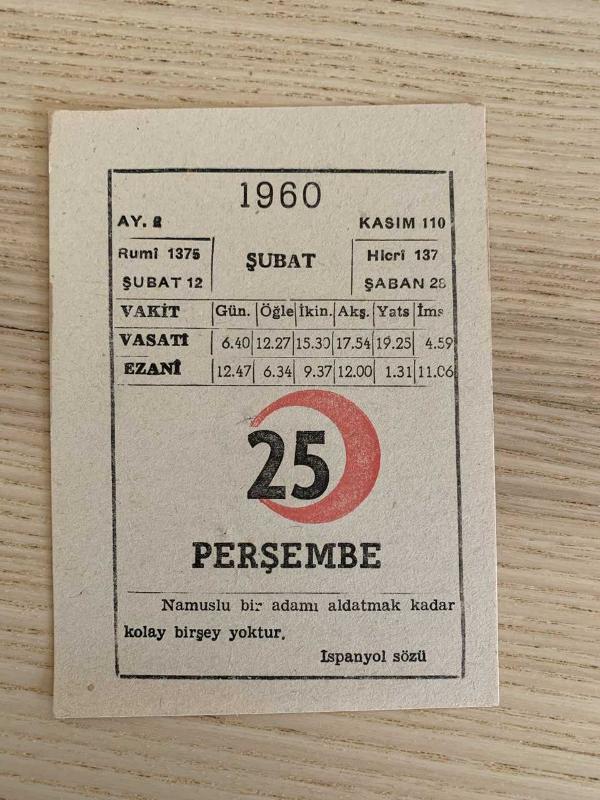 KIZILAY TAKVİMİ YAPRAĞI (25 ŞUBAT 1960)