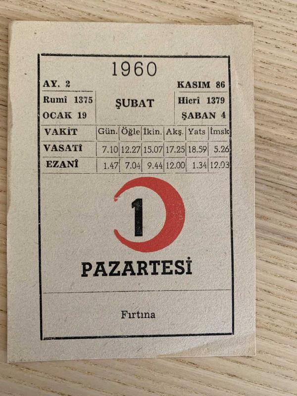 KIZILAY TAKVİMİ YAPRAĞI (1 ŞUBAT 1960)